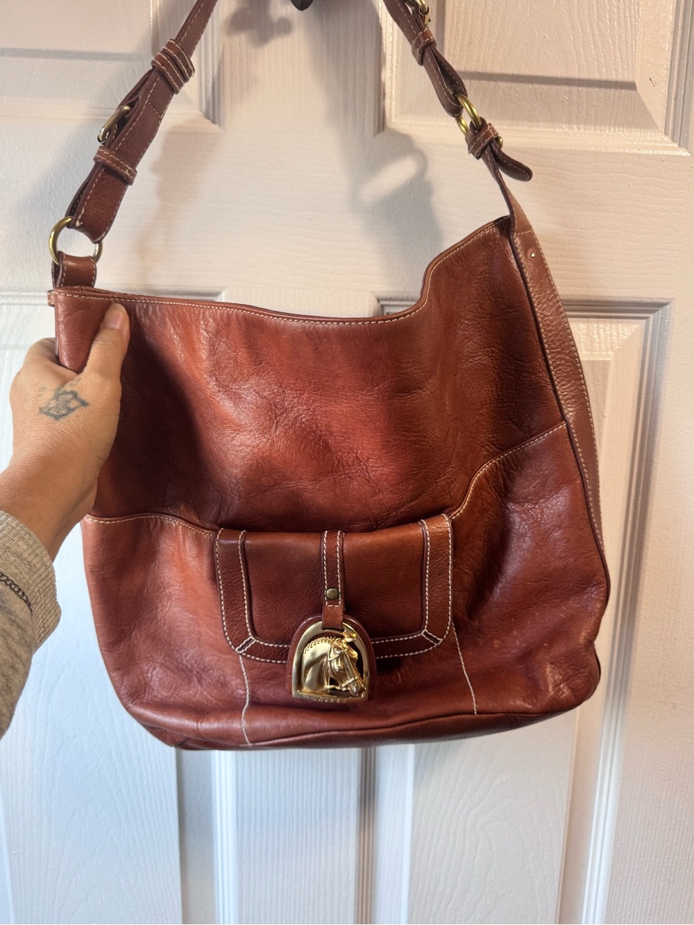 Lauren Ralph Lauren Vintage Brown Leather Equestrian Hobo Bag OS